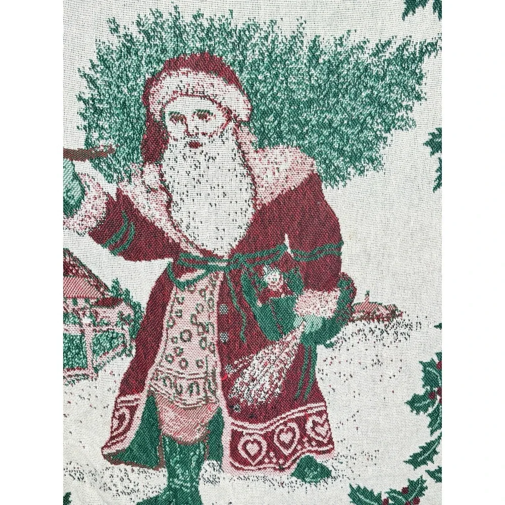 Vintage Avon Woven Christmas Santa Throw Blanket Tapestry Afghan Holly Fringe